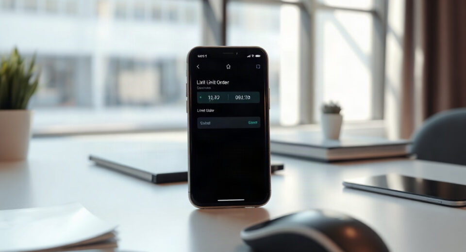Smartphone showing limit order interface on Pump app for Solana memecoin trading