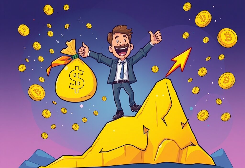 Cartoon showing a PUMP presale investor happily exiting with significant crypto profits.