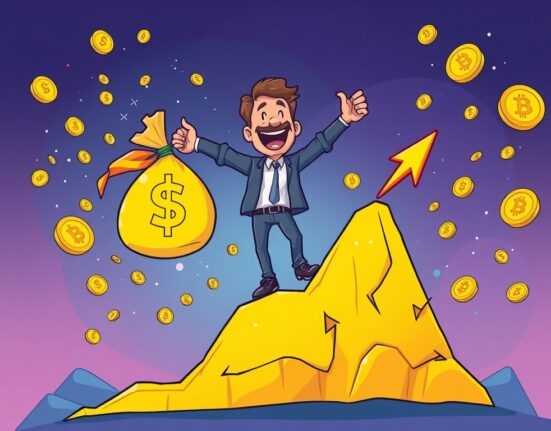 Cartoon showing a PUMP presale investor happily exiting with significant crypto profits.