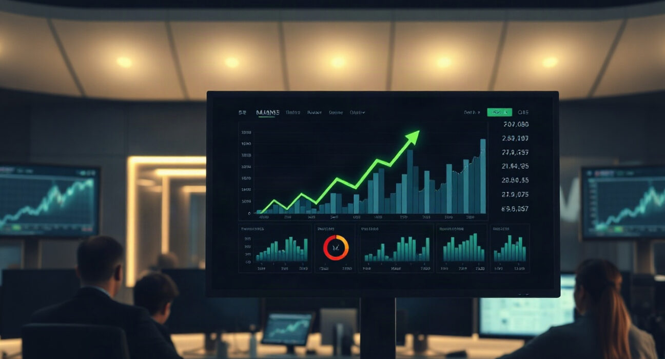 Financial dashboard showing rising charts and a green arrow, representing Pump protocol fee growth.