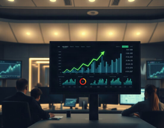 Financial dashboard showing rising charts and a green arrow, representing Pump protocol fee growth.