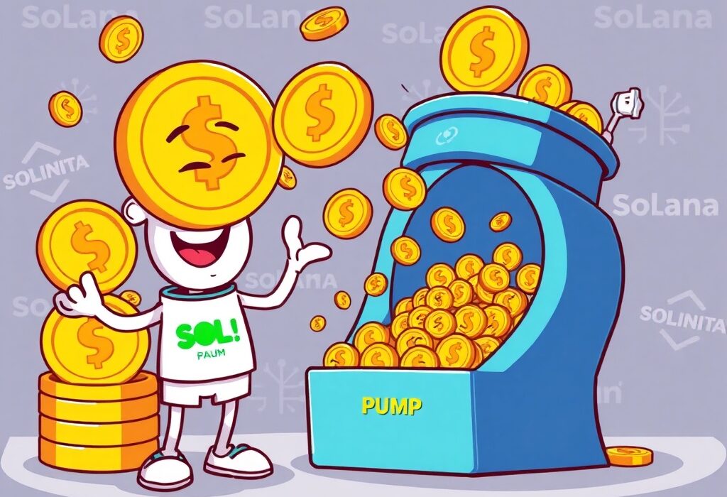 A cartoon illustrating Pump.fun's strategic PUMP token buyback with significant SOL transfers, showing confidence.