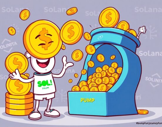 A cartoon illustrating Pump.fun's strategic PUMP token buyback with significant SOL transfers, showing confidence.