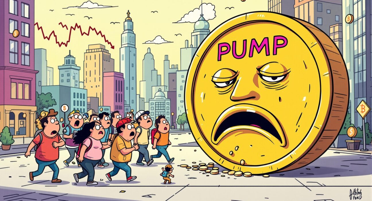 Cartoon depicting worried PUMP token private sale investors abandoning a deflated PUMP token, illustrating the significant sell-off and transfer of holdings.