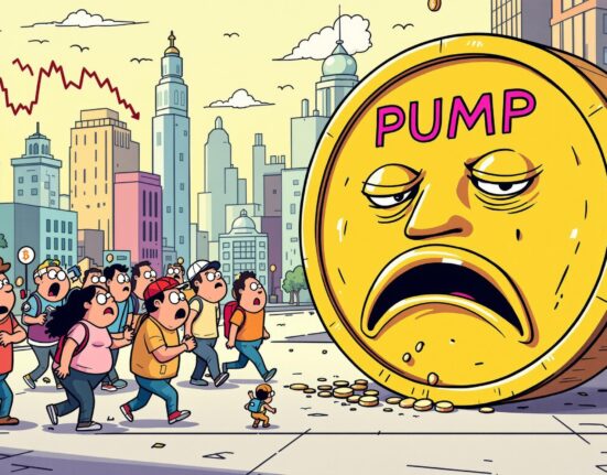 Cartoon depicting worried PUMP token private sale investors abandoning a deflated PUMP token, illustrating the significant sell-off and transfer of holdings.
