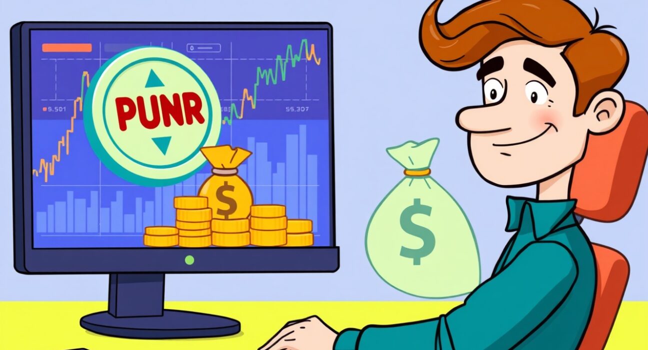 A cartoon illustration showing an investor successfully realizing PUMP token profits, with crypto charts and money bags.