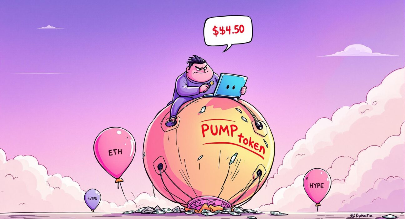 Cartoon illustration of Jeffrey Huang making a bold, leveraged PUMP token trade despite losses, symbolizing risky crypto market strategies.