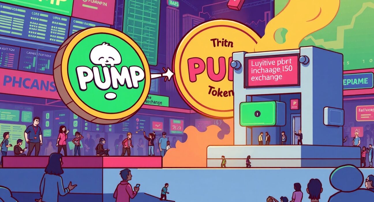 Cartoon showing PUMP token liquidity moving from Pump.fun to Kraken, symbolizing enhanced market access and stability.