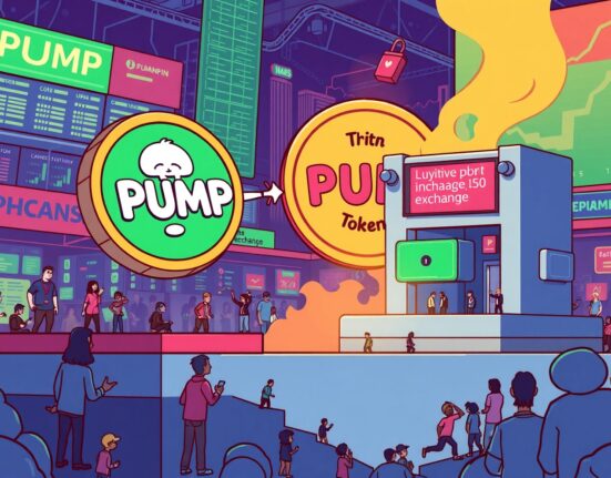 Cartoon showing PUMP token liquidity moving from Pump.fun to Kraken, symbolizing enhanced market access and stability.