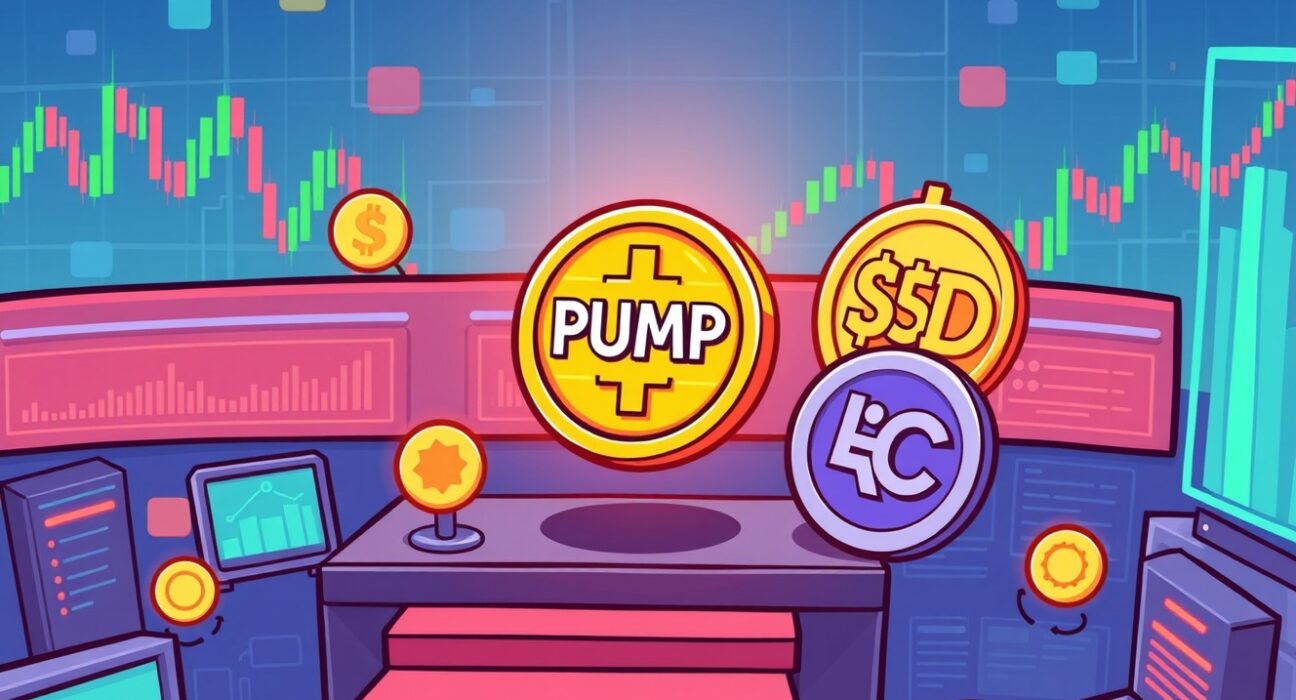 Cartoon showing the exciting launch of PUMP/USDC trading on a crypto exchange, symbolizing new market opportunities.