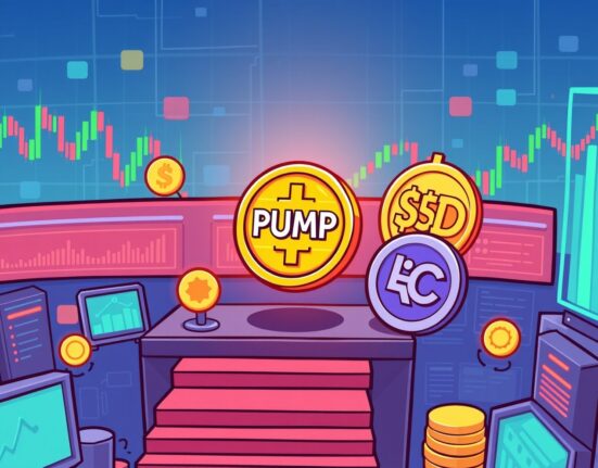 Cartoon showing the exciting launch of PUMP/USDC trading on a crypto exchange, symbolizing new market opportunities.