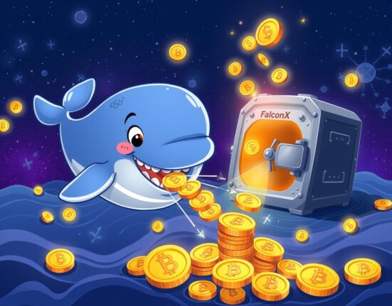A cartoon cryptocurrency whale depositing PUMP tokens into the FalconX exchange, symbolizing a major market move.