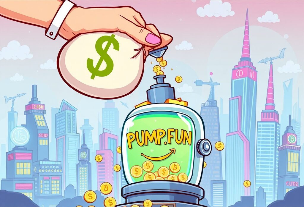 A cartoon hand makes a large Pump.fun PUMP purchase, pouring money into a digital pump, symbolizing significant reinvestment and platform growth.