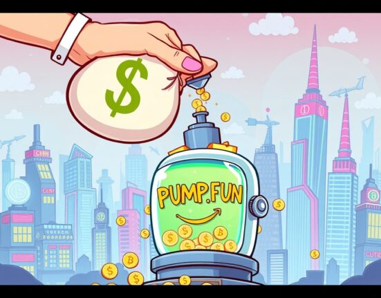 A cartoon hand makes a large Pump.fun PUMP purchase, pouring money into a digital pump, symbolizing significant reinvestment and platform growth.