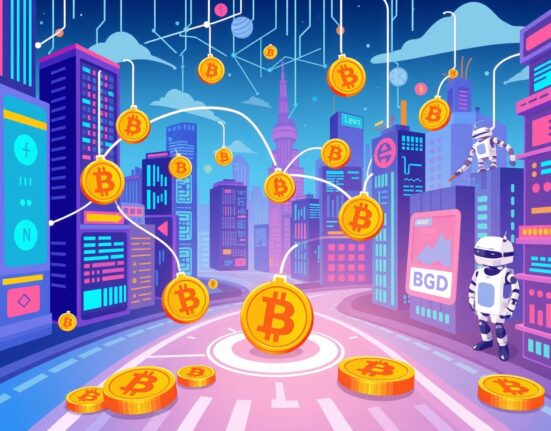 A cartoon depiction of digital assets flowing seamlessly between platforms, symbolizing PumpBTC's integration with the x402 payment protocol for enhanced DeFi access.