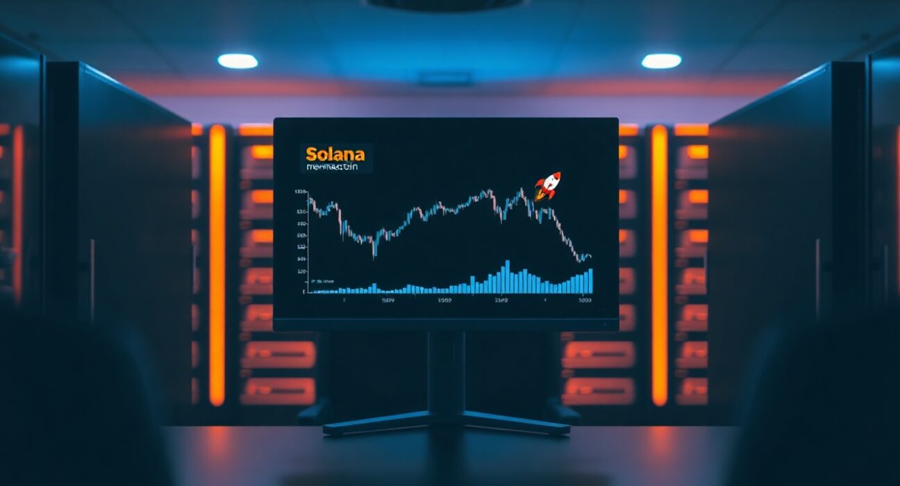 Cryptocurrency trading monitor showing declining Solana and memecoin charts in a dim office