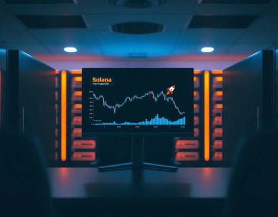 Cryptocurrency trading monitor showing declining Solana and memecoin charts in a dim office