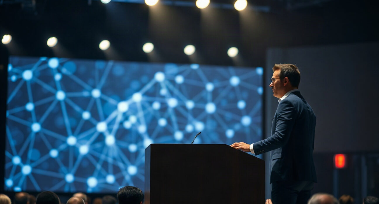 Pump.fun co-founder Noah Tweedale speaking at a crypto conference, discussing decentralization and user experience.