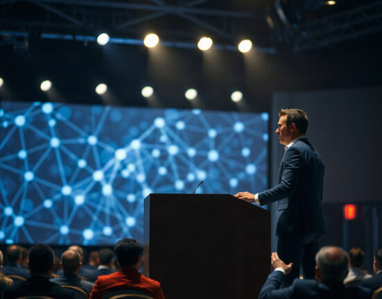 Pump.fun co-founder Noah Tweedale speaking at a crypto conference, discussing decentralization and user experience.