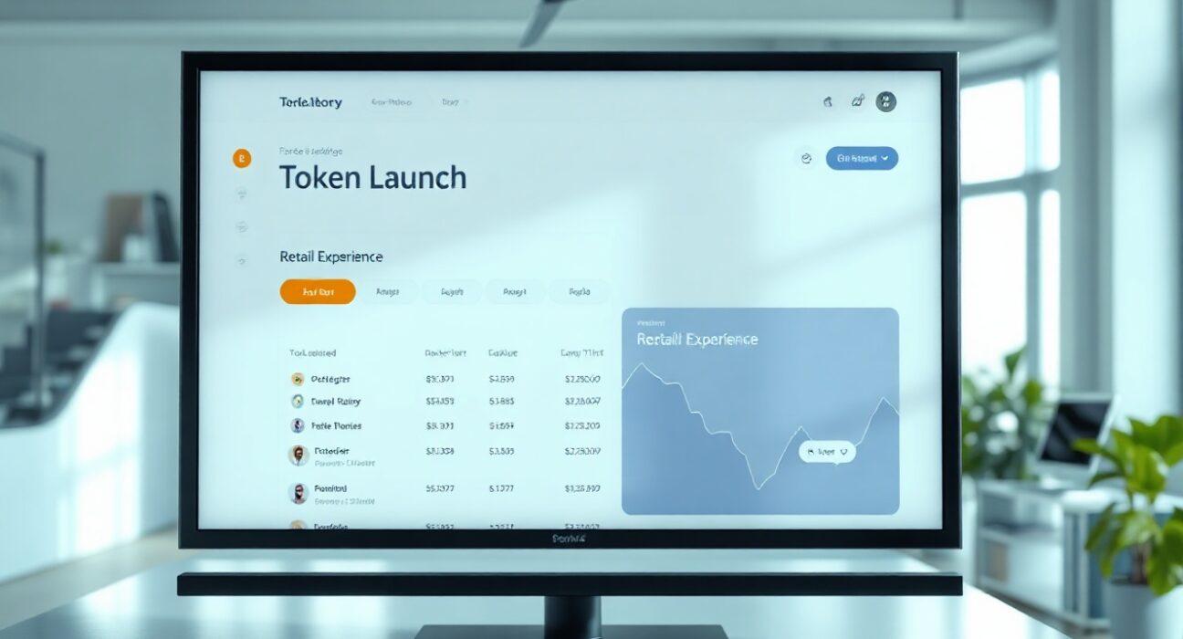 Digital interface of a token launch platform focusing on retail trading experience.