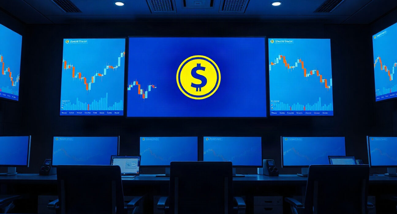 A modern trading floor with a large screen showing Solana price charts, representing a major SOL deposit to Kraken.