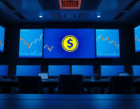 A modern trading floor with a large screen showing Solana price charts, representing a major SOL deposit to Kraken.