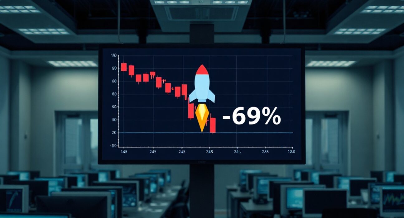 Digital trading screen showing a steep decline graph with a 69% failure statistic for Pump.fun memecoins.