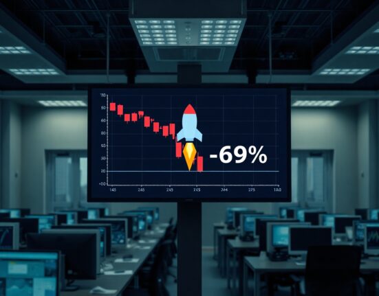 Digital trading screen showing a steep decline graph with a 69% failure statistic for Pump.fun memecoins.
