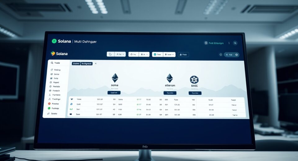 Multichain trading dashboard on Pump.fun showing Solana, Ethereum, Base, and BNB blockchain options