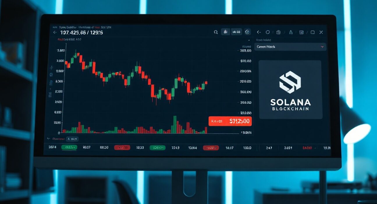 Cryptocurrency trading chart on a monitor in a dark office, representing market volatility during token unlock.