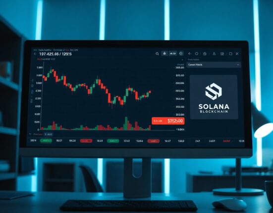 Cryptocurrency trading chart on a monitor in a dark office, representing market volatility during token unlock.