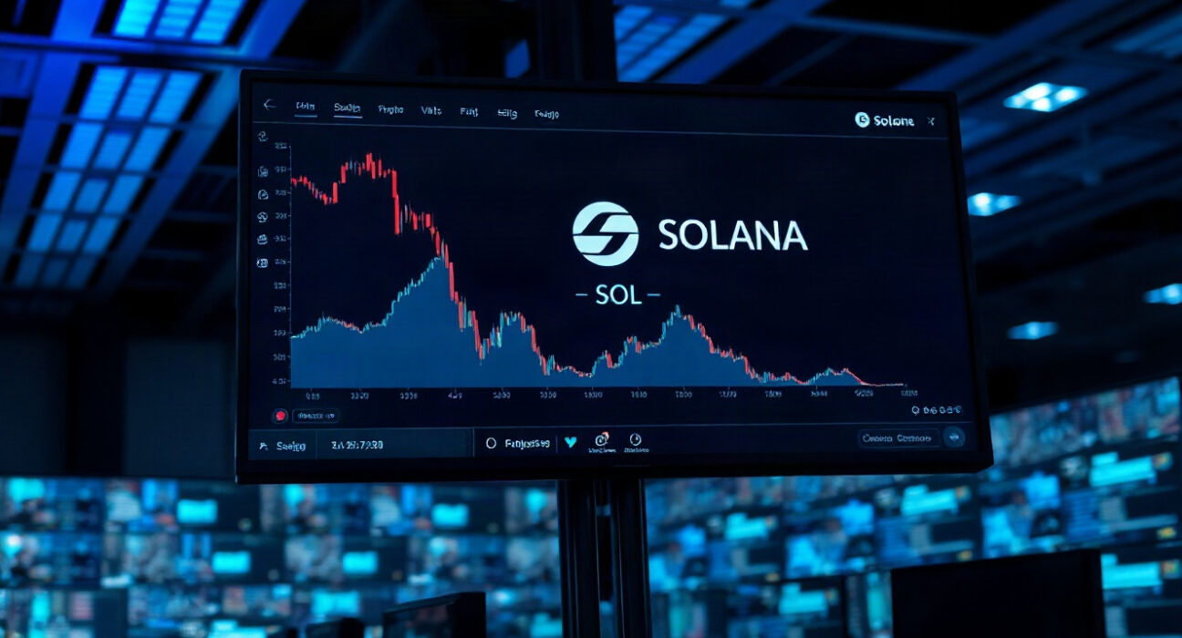 Solana cryptocurrency price chart on a screen in a dark trading environment