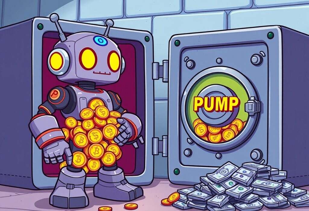 A cartoon robot symbolizing PumpFun secures PUMP tokens in a vault, illustrating the significant PumpFun buyback and its impact.