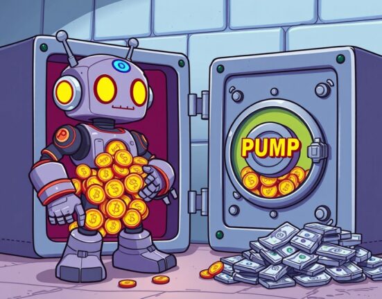 A cartoon robot symbolizing PumpFun secures PUMP tokens in a vault, illustrating the significant PumpFun buyback and its impact.