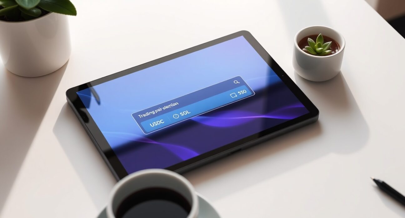 Digital tablet showing Pump.fun trading interface with new USDC pair option on a clean desk