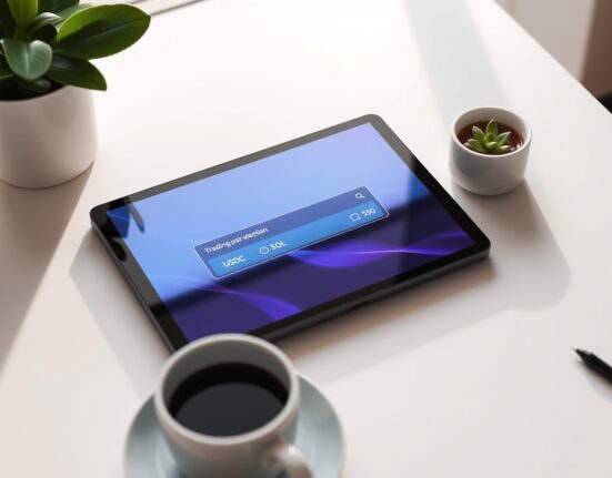 Digital tablet showing Pump.fun trading interface with new USDC pair option on a clean desk