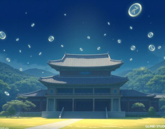 South Korean government building with cryptocurrency symbols representing the PURE coin bribery scandal