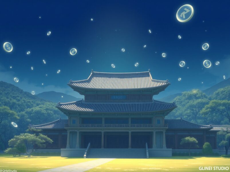 South Korean government building with cryptocurrency symbols representing the PURE coin bribery scandal