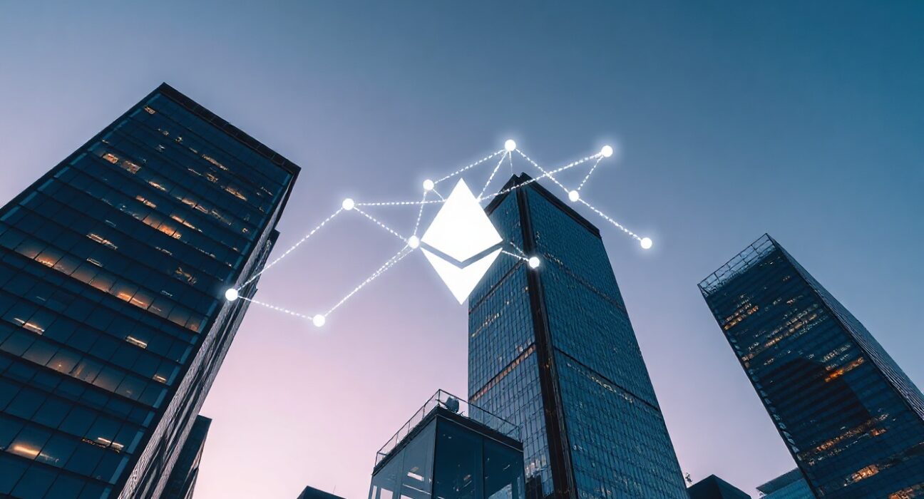 Financial district skyline with Ethereum network overlay representing institutional staking investment