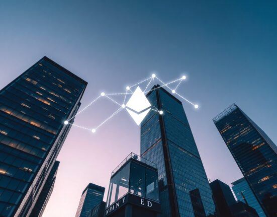 Financial district skyline with Ethereum network overlay representing institutional staking investment