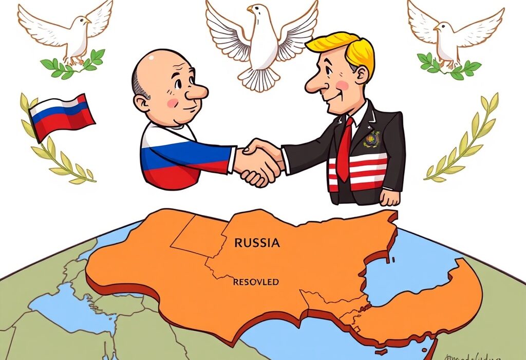 Cartoon illustration showing two leaders shaking hands, symbolizing diplomatic efforts to end the Ukraine war and improve Russia-US relations.