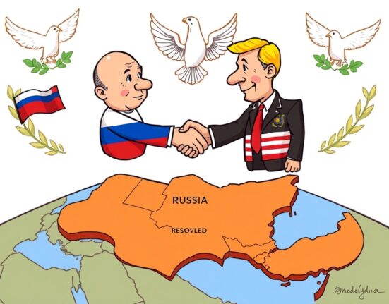 Cartoon illustration showing two leaders shaking hands, symbolizing diplomatic efforts to end the Ukraine war and improve Russia-US relations.