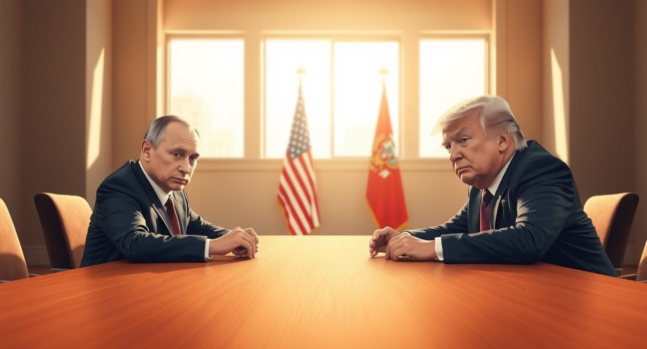 Putin and Trump discuss Iran nuclear program in a diplomatic meeting room with Russian and US flags.