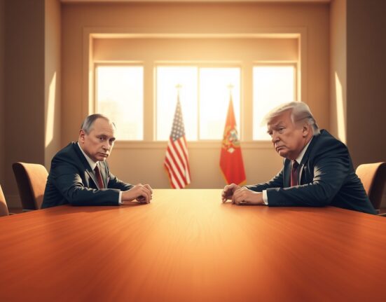 Putin and Trump discuss Iran nuclear program in a diplomatic meeting room with Russian and US flags.