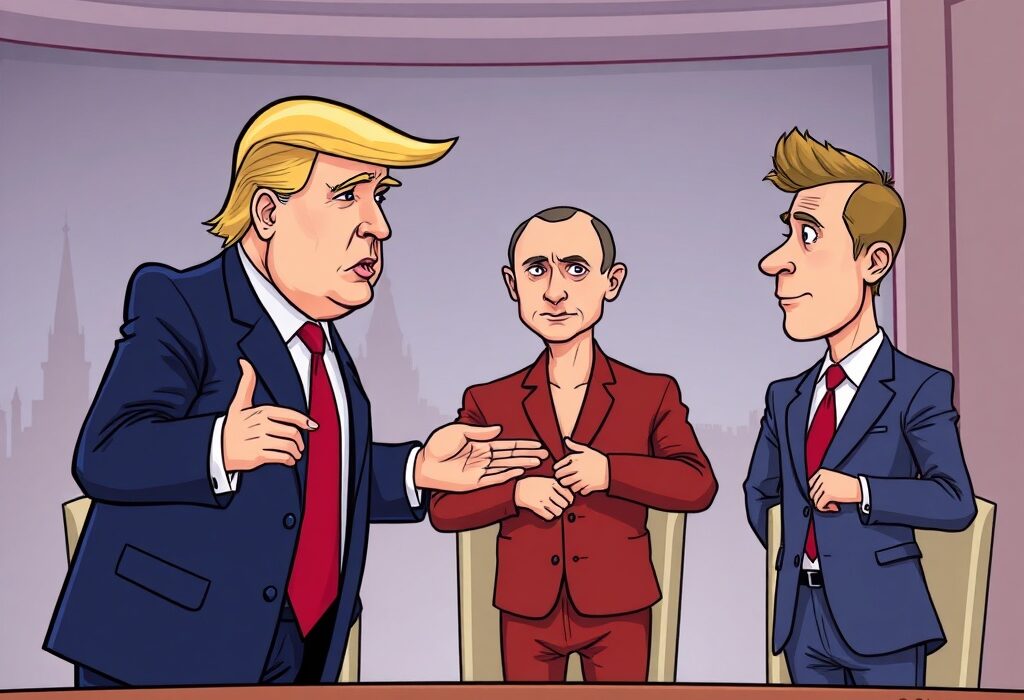 A cartoon illustration symbolizing the potential Putin-Zelenskyy meeting, with Donald Trump mediating, highlighting the critical diplomatic effort.