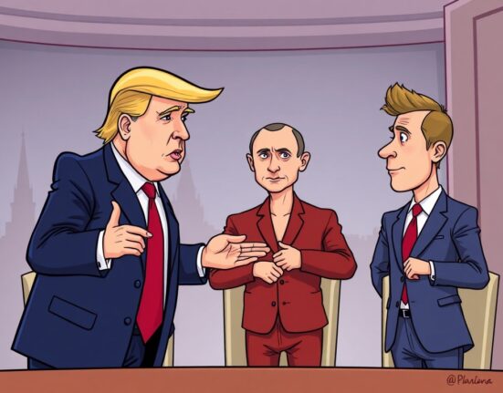 A cartoon illustration symbolizing the potential Putin-Zelenskyy meeting, with Donald Trump mediating, highlighting the critical diplomatic effort.