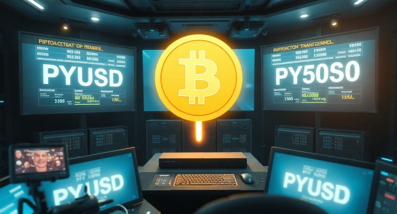 Digital visualization of a large PYUSD cryptocurrency transfer between wallets in a high-tech server room.