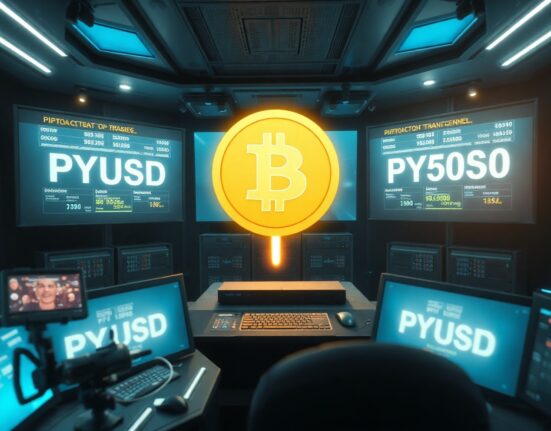 Digital visualization of a large PYUSD cryptocurrency transfer between wallets in a high-tech server room.
