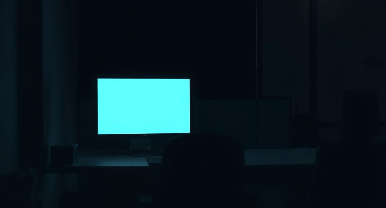 Empty office desk with a computer monitor displaying an error screen, representing the shutdown of Pyra after the Drift hack.
