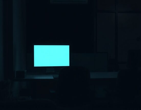 Empty office desk with a computer monitor displaying an error screen, representing the shutdown of Pyra after the Drift hack.